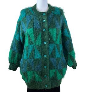 Vitage Mohair Green Geometric Mohair Blend Button-Up Cardigan Sweater Women’s
